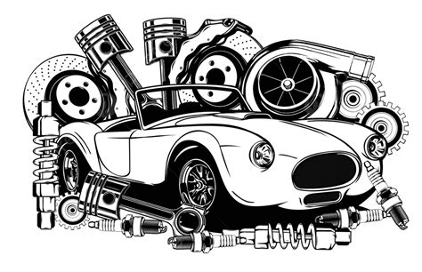 A Black And White Collection Featuring Vintage Cars And Their Components Vector, Gearbox, Piston ...