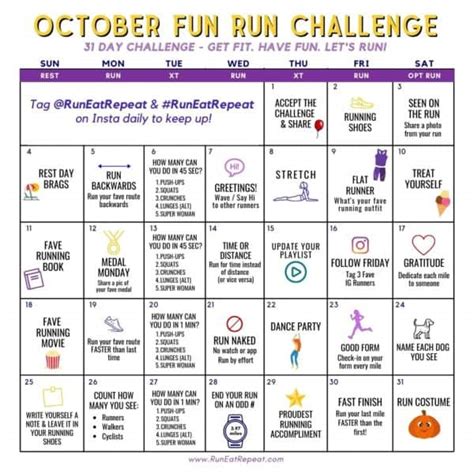 Fun Run Challenge - October Running Calendar Free Printable - Run Eat Repeat