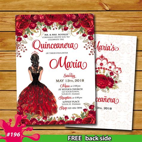 Quinceañera red gold invitation sweet 15 red Princess Miss Quince, Quinceanera red miss Quince ...