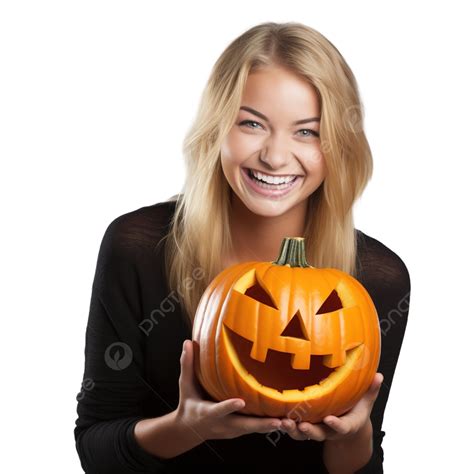 Pretty Blonde Girl Smiling With Halloween Jack O Lantern Pumpkin Isolated Over Grey, Pumpkin ...