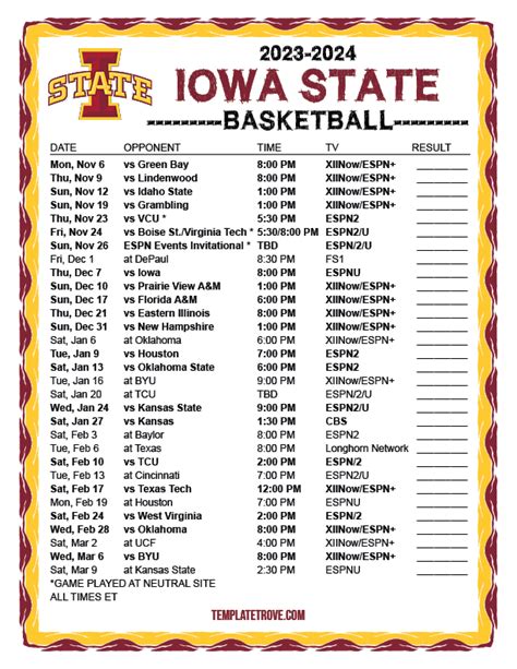 Printable 2023-2024 Iowa State Cyclones Basketball Schedule