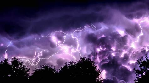 Thunderstorm In Dark Purple Sky Above Trees During Nighttime 4K HD Dark ...