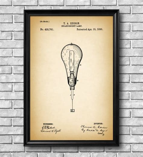 Vintage 1890 lamp by Thomas Edison, Patent Drawing, Retro Art Print ...