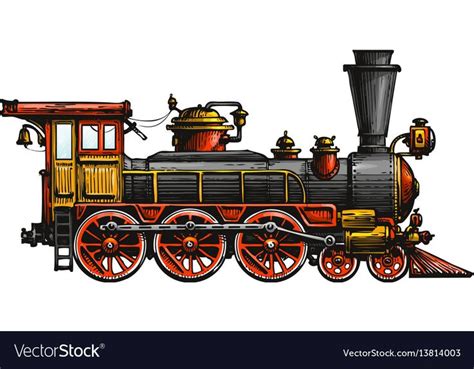Vintage steam locomotive. Drawn ancient train, transport. Vector illustration isolated on white ...