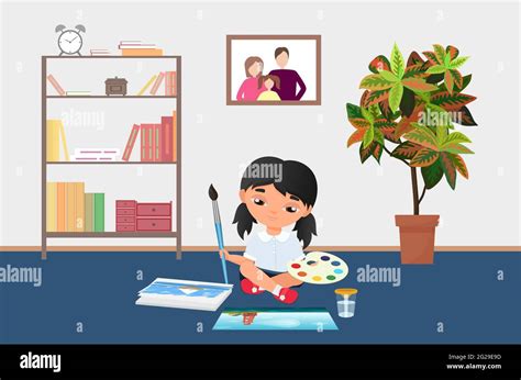 Kid painting with brush, paints on palette vector illustration. Cartoon ...