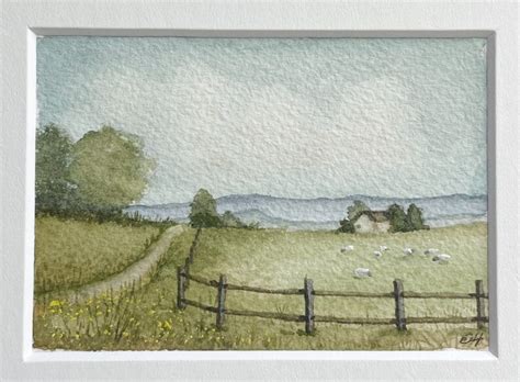 Watercolor Landscape With Sheep Painting Miniature Art - Etsy