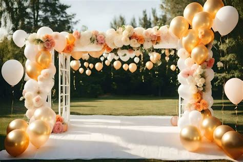 a wedding arch decorated with gold balloons and flowers. AI-Generated ...