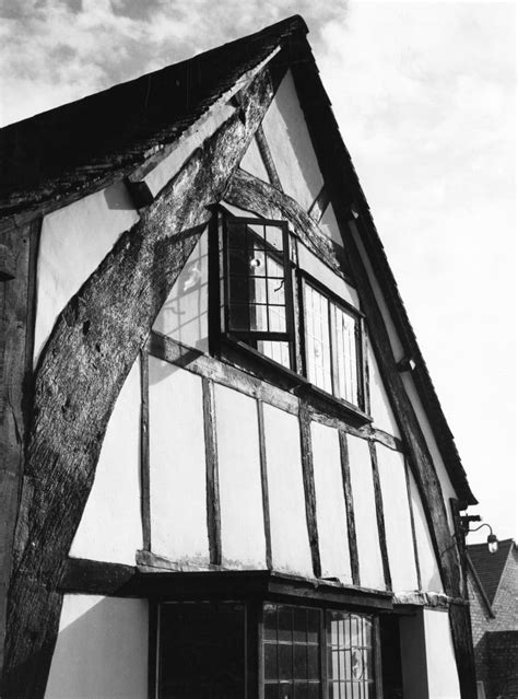 Cruck construction and box-frame house, Weobley, Herefordshire: close-up of the gable and cruck ...