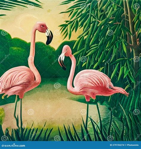 Watercolor Painting on Canvas. Flamingos in the . Generated by Ai Stock ...