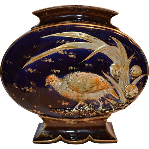 LARGE Majolica Pillow Vase ~ Cobalt With Raised Relief Bird ~ Hautin Boulenger Choisy Le Roi ...