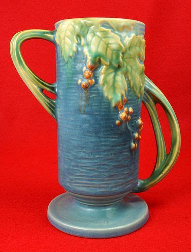 Vintage ROSEVILLE Pottery Blue Bushberry Double Handled Cylinder Vase 32-7" | Cylinder vase ...