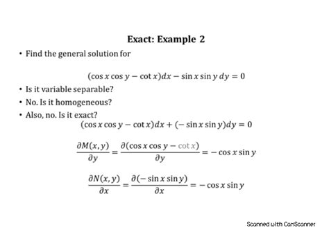 SOLUTION: Differential equation exact equation method 1 example 2 - Studypool