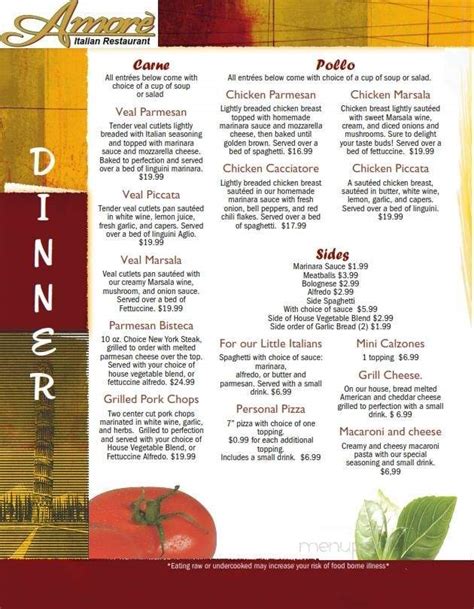 Menu of Amore Italian Restaurant in Aberdeen, WA 98520