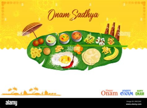 illustration of Sadya feast on banana leaf in celebration background for Happy Onam festival of ...