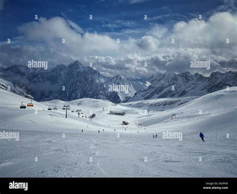 Panoramic mountain winter view from Zugspitze glacier, the highest German mountain Stock Photo ...