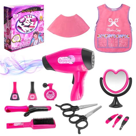 Buy Girls Beauty Salon Set Pretend Play Hair Stylist Toy Kit with Barber Apron, Hair Dryer ...