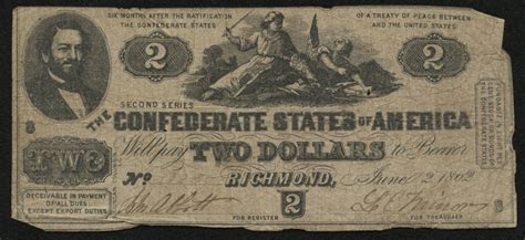 1862 $2 Two Dollar Confederate States of America Richmond CSA Bank Note ...