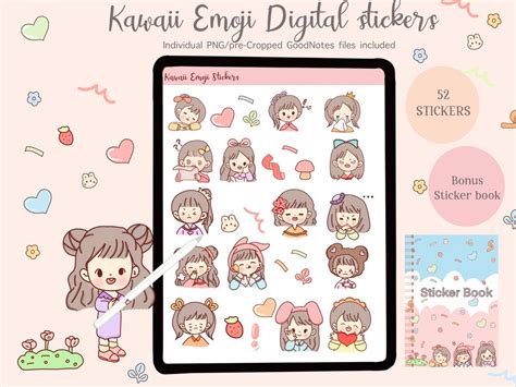 Cute Girl Digital Sticker Pack Kawaii Goodnotes Stickers Pinkkawaii Emoji Cute Emotis Digital ...