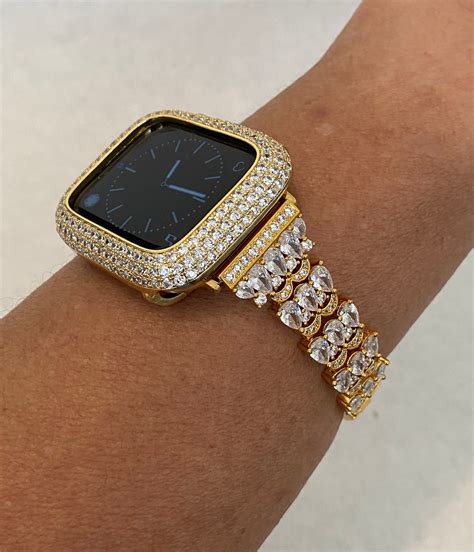 Apple Watch Band Women's Gold Crystals 41mm 45mm 49mm Ultra & or Pave Lab Diamond Bezel Bumper ...