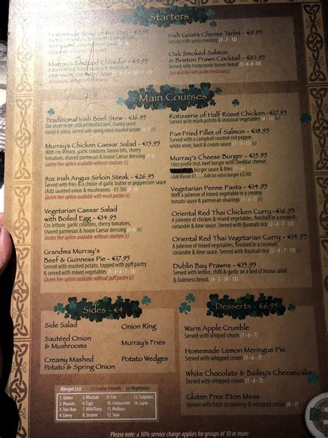 Menu at Murray’s Bar, Dublin, 33-34 O'Connell Street Upper