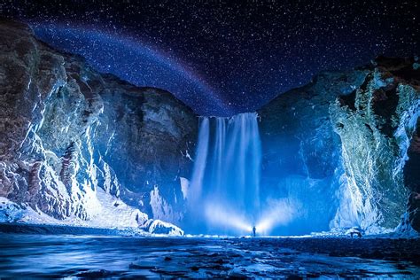 person, front, waterfalls, nighttime, landscape photograph, lighted, waterfall, stars | Piqsels