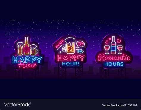 Happy hour neon sign collection Royalty Free Vector Image