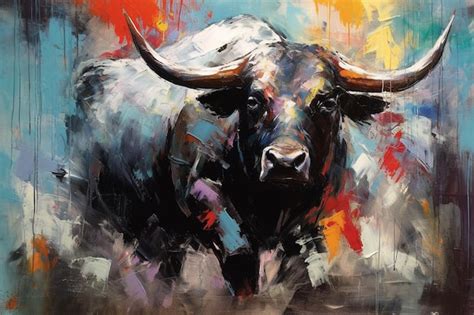 Premium AI Image | Painting of a bull with a long horn standing in ...