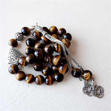 Personalized Gemstone Tasbih 925 SILVER 33 Prayer Beads Natural Tigers Eye Muslim Misbaha