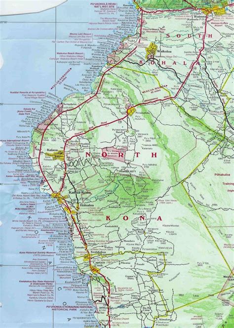 Maps of parts of the Big Island: Kailua-Kona, Kohala coast, Kilauea, Hilo, the area surrounding ...