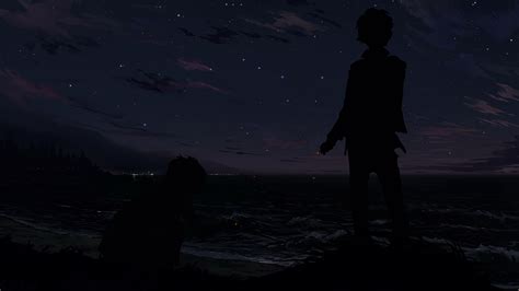 Starry Night with Anime Boy Silhouettes - backiee