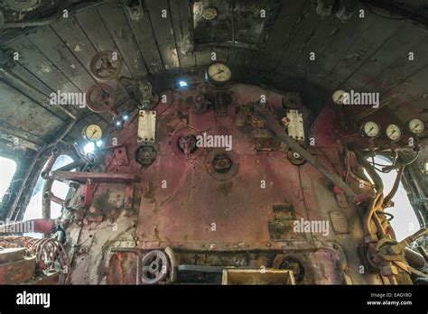 Details of an old steam locomotive interior. Inside the locomotive ...