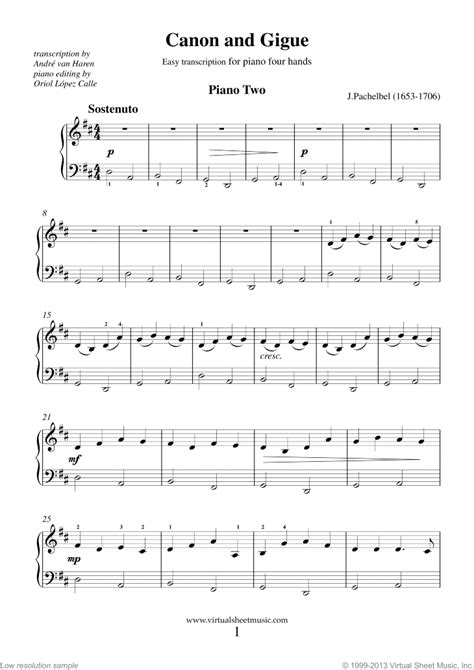 Pachelbel - Canon in D sheet music for piano four hands [PDF] | Sheet ...