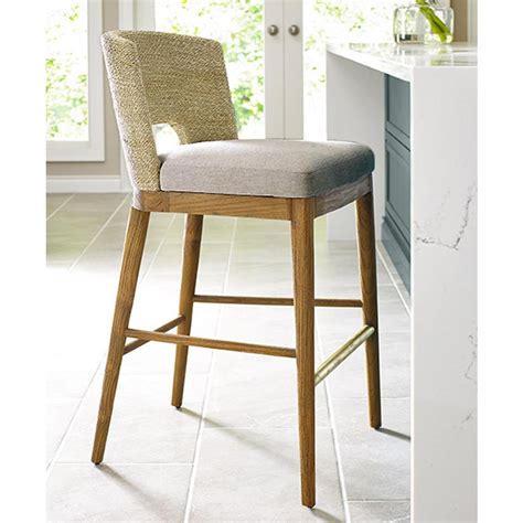 Adelyn Coastal Brown Teak Handwoven Seagrass Back Grey Performance Counter Stool