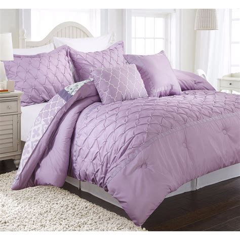 Twin Full Queen Lavender Purple Pintuck Pleat Floral 5 pc Comforter Set Bedding - Comforters & Sets