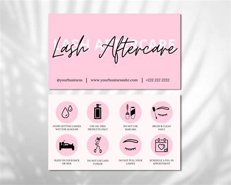 Pink Lash Aftercare Card Template, Printable Eyelash Care Cards, Digital Lash Care Instructions ...