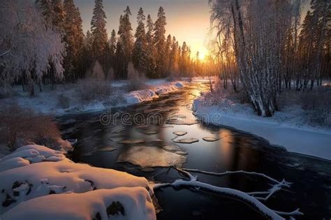 Frozen River in Ice Flowing through Forest To Village Stock Photo - Image of river, frozen ...