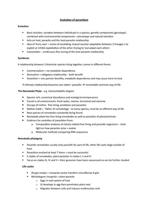 1- Evolution of parasitism - Evolution of parasitism Evolution Basis includes: variation - Studocu