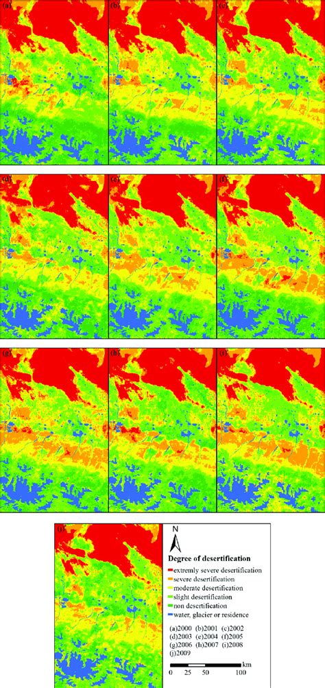 Maps of the derived desertification degrees for (a) 2000, (b) 2001, (c)... | Download Scientific ...