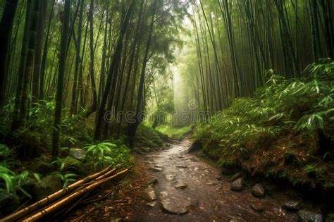 Large Bamboo Forest in Mountain Road after the Rain, Tropical Landscape, Dirt Path Road in the ...