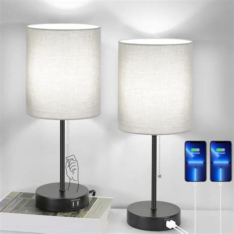 Table Lamps Set of 2 with USB Charging Ports, Grey Bedside Lamps with AC Outlet, Nightstand ...
