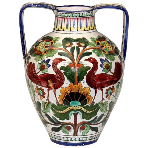 Piediluco Large Old Antique Italian Pottery Faience Majolica Jug Peacock Vase at 1stdibs