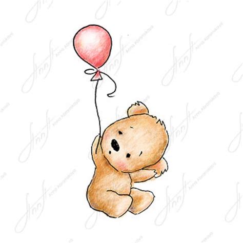 The Drawing of Cute Teddy Bear With Pink Balloon. Printable Art ...