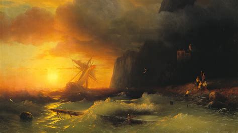 Wallpaper : ocean view, painting, maritime, horizon, sun rays, pink clouds, mist, shipwreck ...