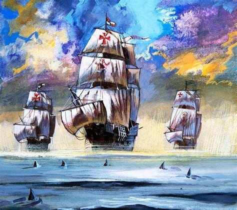 Christopher Columbus's Fleet Painting by English School
