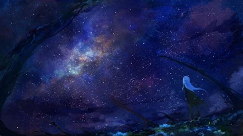 Anime Girl Night Starry Sky Lake Trees - vrogue.co