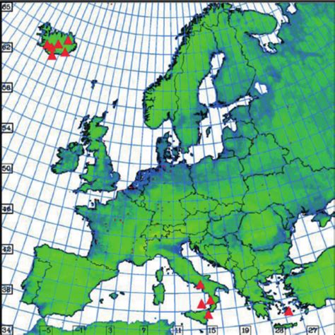 Location of volcanoes (red triangles) in Europe | Download Scientific ...