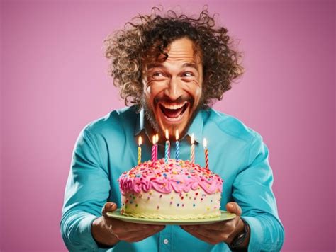 Premium AI Image | Laugh out loud man holding a big birthday cake with candles