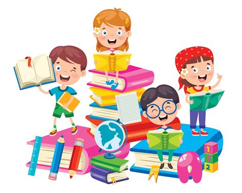 niños felices de la escuela en grandes libros de aprendizaje 1219722 Vector en Vecteezy