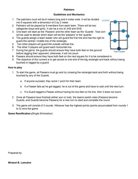 Patintero - Patintero Guidelines and Mechanics The patintero court will be 6 meters long and 4 ...