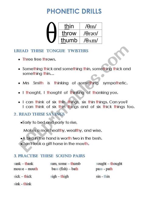 Phonetic drills voiceless sounds/th/ - ESL worksheet by svetamarik Svetlana